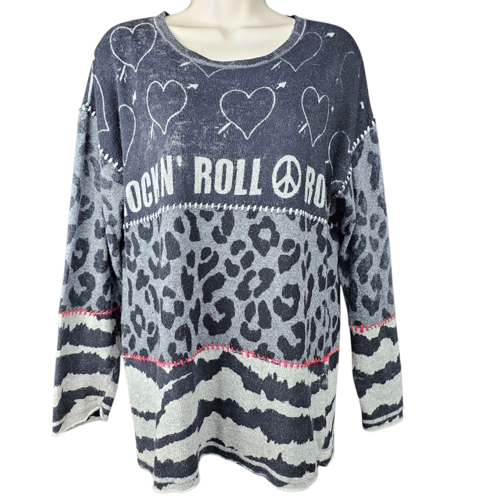 Carre' Noir Soft Rock N' Roll Multi Print Lightweight Gray, Black, & Red Sweater